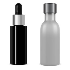 Serum bottle dropper cosmetic mock up. Black glass vial 3d vector. Collagen packaging flask with pipette with silver cap. Medical bottles design blank, beauty container