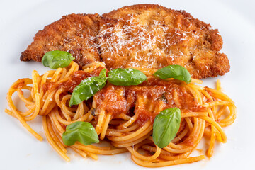 spaghetti with tomato sauce and pork milanese cutlet