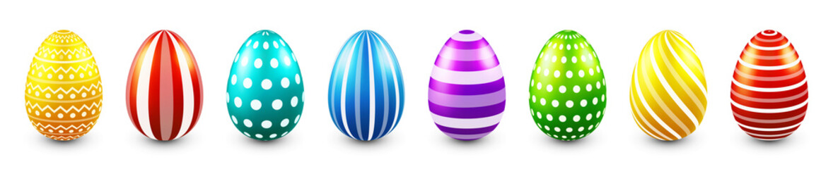 Colorful Easter eggs isolated on white background. Seasonal spring decoration element. Egg hunt game. Vector illustration.