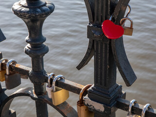 Heart-shaped padlock on the Lover's Bridge in Prague