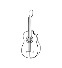Naklejka premium Guitar abstract logo, continuous line drawing, small tattoo, print for clothes, silhouette one single line on a white background, isolated vector illustration.