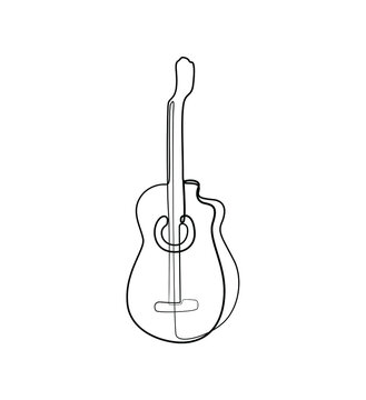 Guitar abstract logo, continuous line drawing, small tattoo, print for clothes, silhouette one single line on a white background, isolated vector illustration.