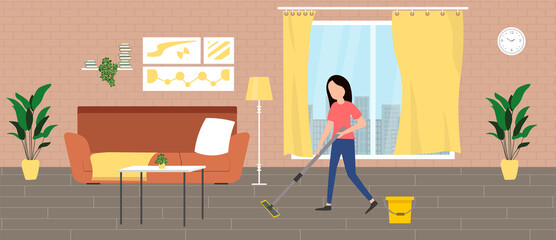 Woman Cleaning Living room with a mop. Housewife, Housekeeping, Household themes. Vector illustration in flat style