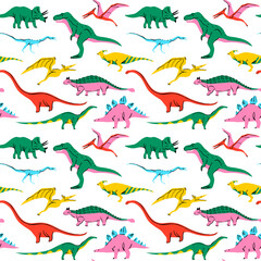 Retro dinosaur doodle seamless pattern illustration. Colorful 90s style dinosaurs background for educational concept or children toy print. T-rex, triceratops, pterodactyl and more animals. © Dedraw Studio