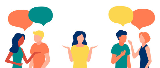 Group of people communicates, ignoring introverted woman, outcast. Loneliness, ignorance, discrimination, indifference to teammate. Isolation, rejection of people in society. Vector illustration - obrazy, fototapety, plakaty