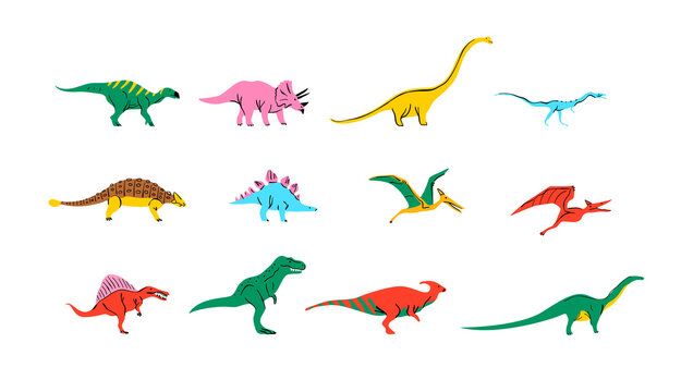 Big set of colorful dinosaur doodle illustration on isolated background. Trendy 90s style dinosaurs collection for educational concept or children design. Includes T-rex, triceratops, pterodactyl.