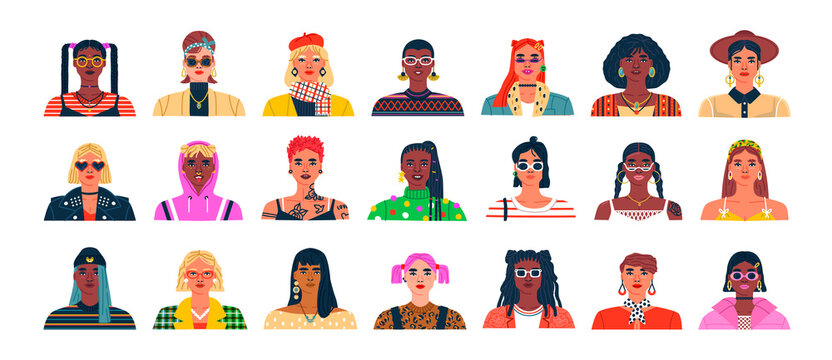 Diverse set of young woman portrait illustration on isolated background. Trendy women collection, big bundle of different funny girl character cartoons in modern fashion. 