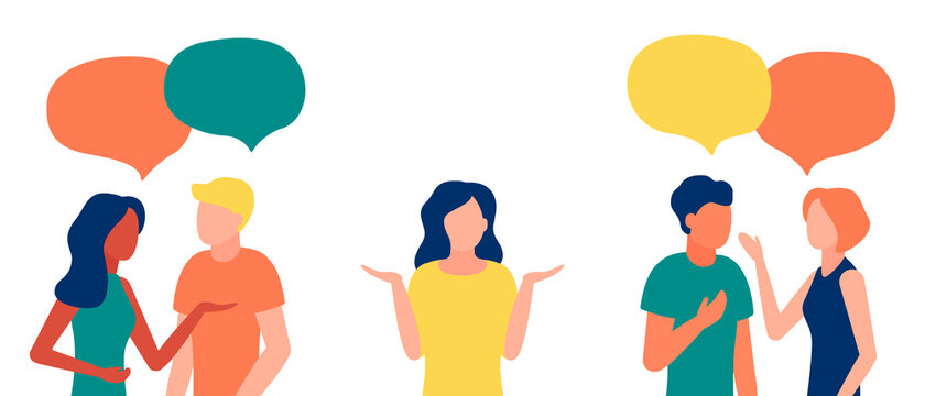 Group of people communicates, ignoring introverted woman, outcast. Loneliness, ignorance, discrimination, indifference to teammate. Isolation, rejection of people in society. Vector illustration