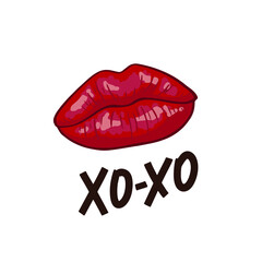 Lips Kiss and hand drawn text xoxo. Romantic background with red lip shape. Poster design template. Vector illustration. Isolated on white