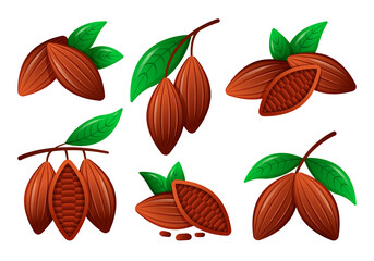 Vector Collection, Set of Cocoa Beans with Leaves. Organic Healthy Food. Flat Illustration for Web on White Background.