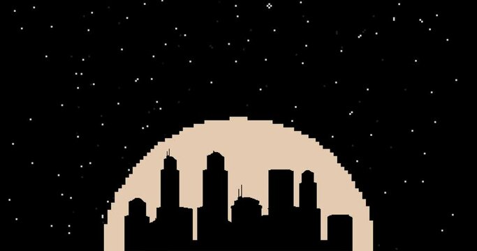 Pixel city, sun, moon, night sky. Cartoon animation. Vector Pixel art 8 bit video retro game.