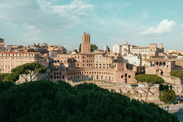 Fototapeta na wymiar Panoramic view of city Rome with Trajan's Market and Roman forum