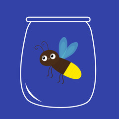 Firefly jar. Beetle bug. Insect animal. Cartoon kawaii funny smiling baby character. Brown color. Shining yellow light bulb. Blue background. Flat design.
