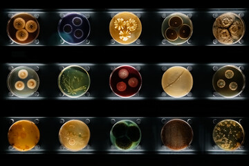 Different types of bacteria, mold and fungi in petri dishes