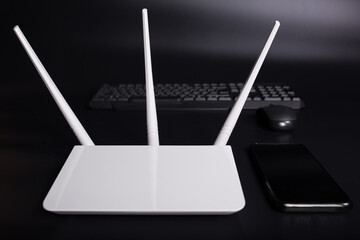 Home wifi network. WiFi router with gadgets. White router with devices on black.