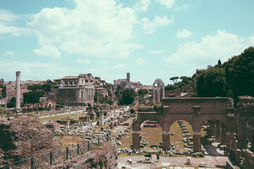 Panoramic view of Roman forum, also known by Forum Romanum or Foro Romano