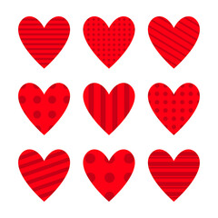 Red heart icon set. Cute polka dot, line pattern. Happy Valentines day sign symbol simple template. Love greeting card. Decoration element. Square composition. Flat design. Isolated. White background.