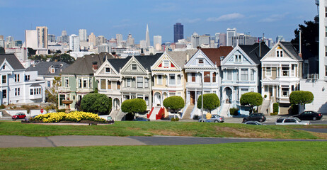 The beautiful victorian houses across from Alamo Square in San Francisco.