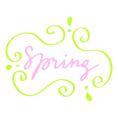 Vector illustration of isolated spring lettering with abstract elements. Calligraphy quote on white background.
Handwritten typography design. Can be used for flyers, banners or posters.
