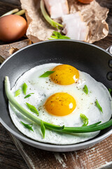 breakfast or brunch fried bacon and eggs in black skillets and and green feathers onions. vertical image