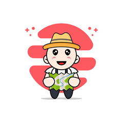 Cute geek boy character holding map.