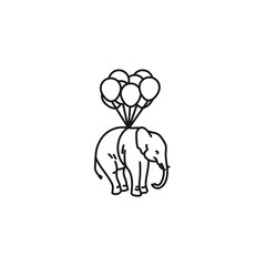 Flying elephant, hanging from bundled balloons vector line icon