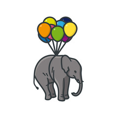 Levitating elephant hanging on bundled balloons isolated vector illustration for Balloons Around The World Day on October 5