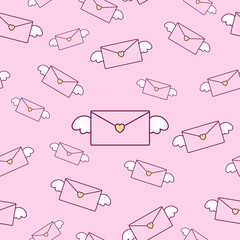 seamless pattern with pink envelopes valentines with wings and yellow heart on pink background fully editable file