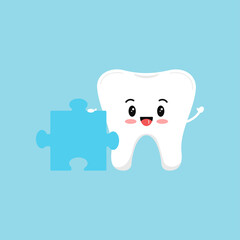 Cute tooth with puzzle piece. Flat design cartoon style strong smiling molar character vector illustration. Happy tooth holds puzzle part. Children teeth hygiene and education or challenge concept.