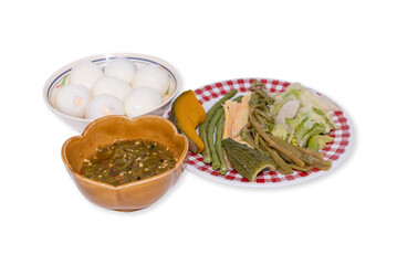 Green chilli dip boiled vegetables and boiled eggs