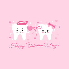 Tooth couple in love with hearts and sparkles. Happy Valentines Day teeth boy send a kiss and holds heart and girl heart shape glasses. Flat design cartoon funny dental character vector illustration. 