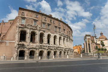 Panoramic view of city Rome with Roman forum and Theatre of Marcellus