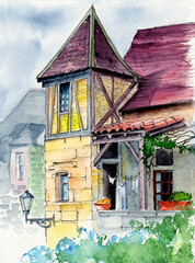 Watercolor illustration of an old European traditional house with a turret and a lantern on the wall  © Мария Тарасова