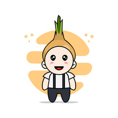 Cute geek boy character wearing onion costume.