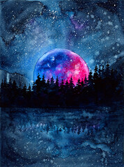 Watercolor illustration of a night forest with fir trees glimmering in a forest lake under a colorful starry sky with the shining moon