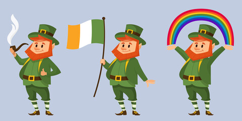 Leprechaun in different poses. Fictional character in cartoon style.