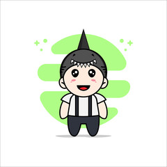 Cute geek boy character wearing shark costume.