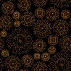 Black-yellow seamless pattern with stylized sunflowers.  Vector repeating background for fabric print or wallpaper. Yellow flowers on black backdrop.