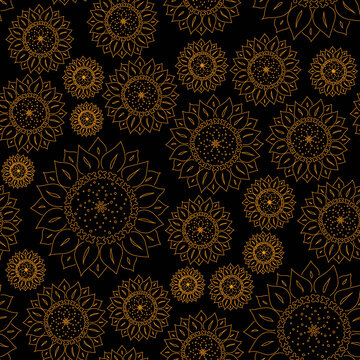 Black-yellow seamless pattern with stylized sunflowers.  Vector repeating background for fabric print or wallpaper. Yellow flowers on black backdrop.