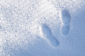 Danger walking in the snow. Fresh snowy shoeprints in shadow. Snow footprints.Footsteps in snow going forward