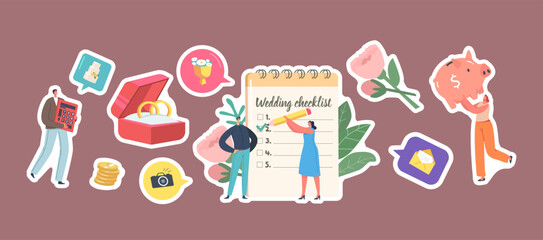 Set of Stickers Couple Planning Wedding, Male and Female Characters at Planner Fill Checklist before Marriage Ceremony