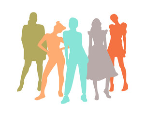 A united community of women of different characters and moods, different styles of clothing and lifestyle. Silhouettes of five women, vector illustration. International Women's Day, 8 March holiday.