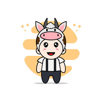 Cute geek boy character wearing cow costume.