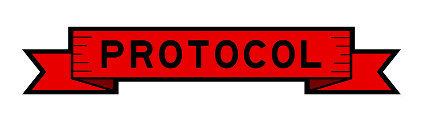 Vintage red color label banner with word protocol on white background