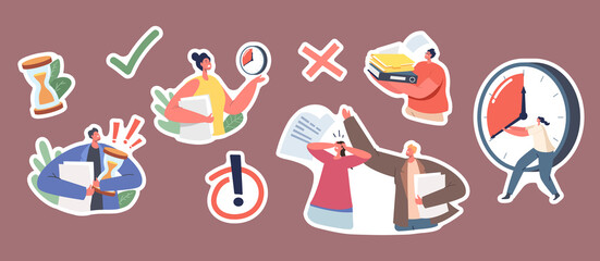 Set of Stickers Urgent Work. Stressed Business Characters with Much Paperwork, Woman with Alarm Clock, Man with Docs