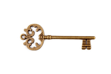Old antique key on white background