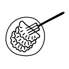 Black hand-drawn outline vector illustration of a group of hot chebureks or dumplings on the plate with a fork isolated on a white background for holiday or dinner for cooking book