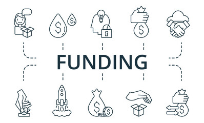 Funding icon set. Collection contain pack of pixel perfect creative icons. Funding elements set.