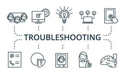 Troubleshooting icon set. Collection contain pack of pixel perfect creative icons. Troubleshooting elements set.