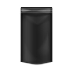 Doypack - black foodstuffs pouch from foil or plastic a vector 3d illustration